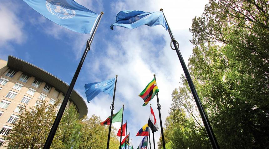 UN and country flags hanging from poles seen from below against a background of blue sky and clouds