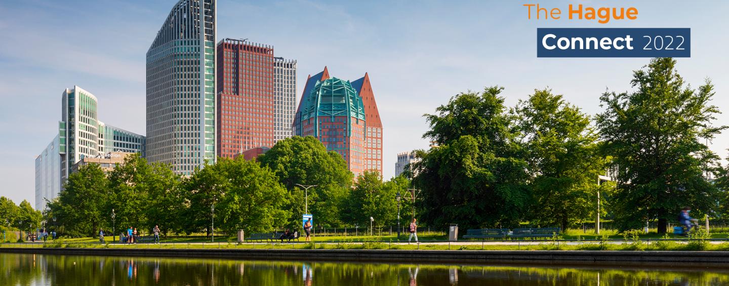 Skyline of The Hague with branding The Hague Connect